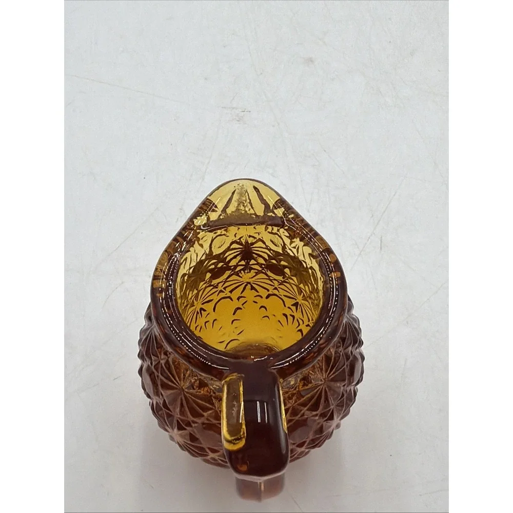 Vintage LE Smith Daisy & Button Amber Glass Miniature Pitcher / Toothpick Holder